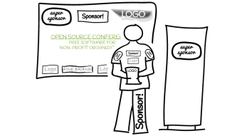Sketch: Speaker in front of beamer screen, both cluttered with sponsor logos