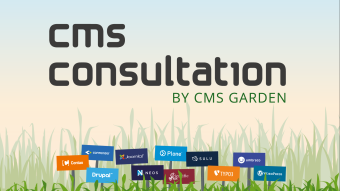 CMS consultation by CMS Garden, background illustration: CMS logos on signposts in a meadow in front a sunrise-colored sky