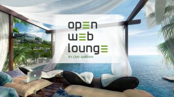 Event logo open web lounge by CMS Garden, photographic background: outdoor lounge area with white cloth shading, looking over a bay