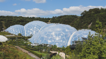 Connected plastic greenhouse domes in a green landscape unter a blue sky