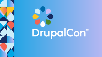 On medium blue to light purple gradient background: a blossom formed of multi-colored drops above the Word DrupalCon (TM)