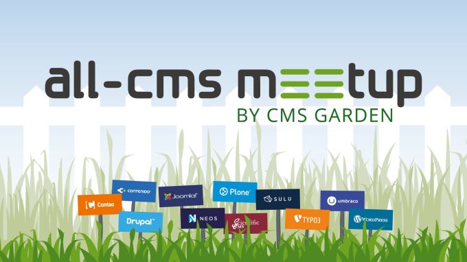 all-cms meetup by CMS Garden, background illustration: CMS logos on signposts in a meadow in front of a fence and blue sky